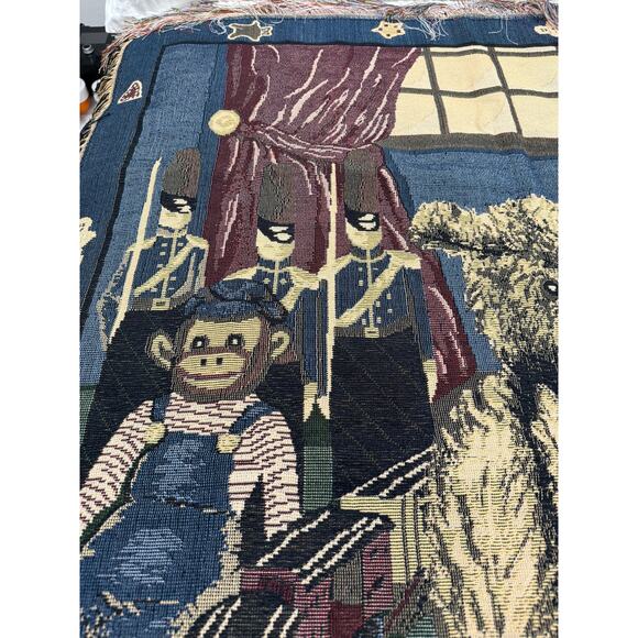 Vintage Christmas Tapestry Throw Blanket Teddy Train Soldiers Fringe Nostalgic - Picture 7 of 15